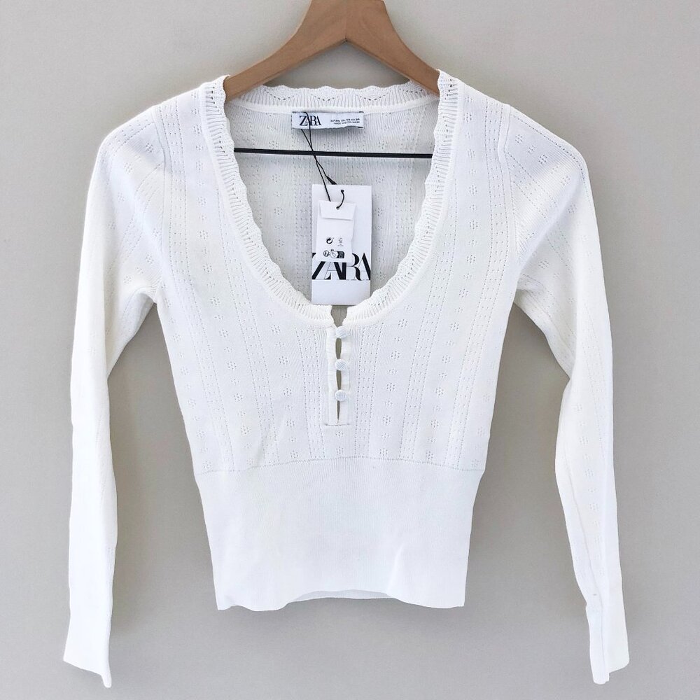 Zara Cream Scoop-Neck Ribbed Button Pullover